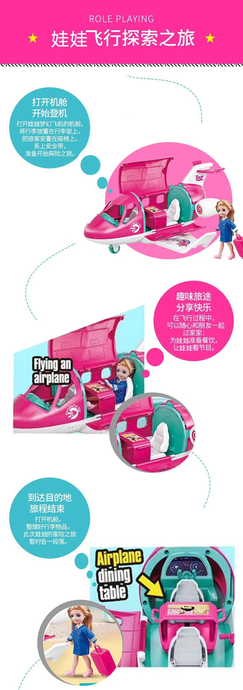 Cute Playset Doll With Travel Dream Airplane And Doll Accessories Suitcase Puppy Dog Pet Birthday Christmas Gift