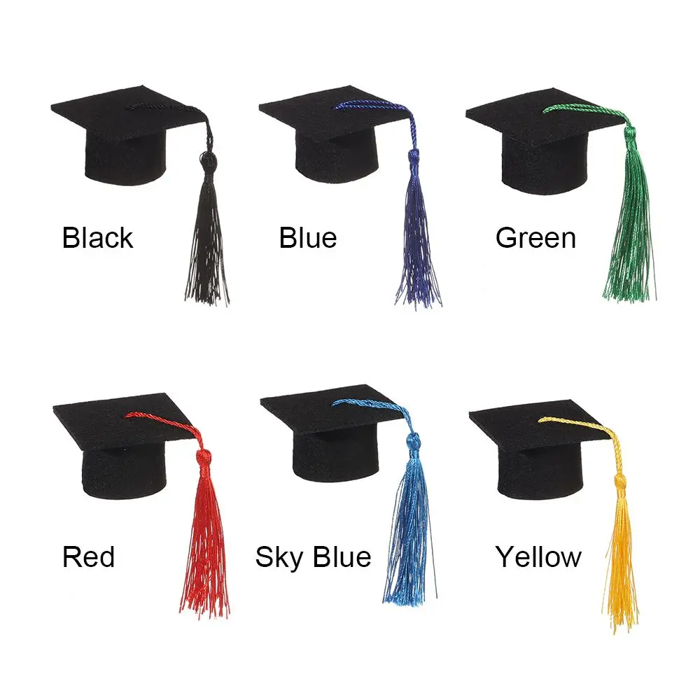 6Pcs Mini Graduation Hat Doctoral Cap Costume Top Hat With Tassels DIY Doll Decor Flowers Wine Bottle Decoration