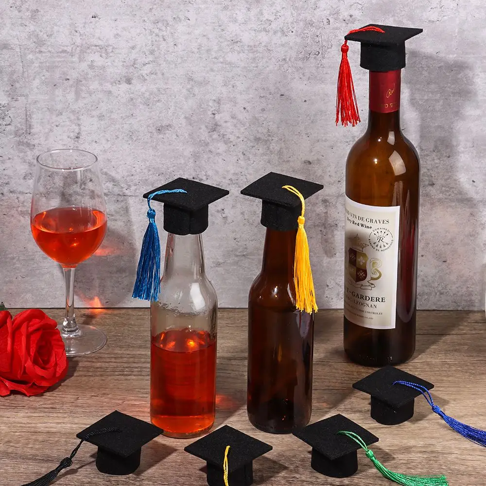 6Pcs Mini Graduation Hat Doctoral Cap Costume Top Hat With Tassels DIY Doll Decor Flowers Wine Bottle Decoration