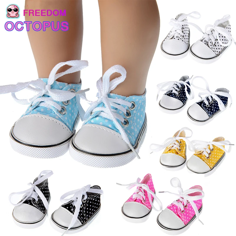 American 18 Inch Girl Doll Canvas Shoes 7cm Fashion Lines, Flowers Sneakers Boots For 43cm Baby New Born& DIY Russia,OG Doll Toy