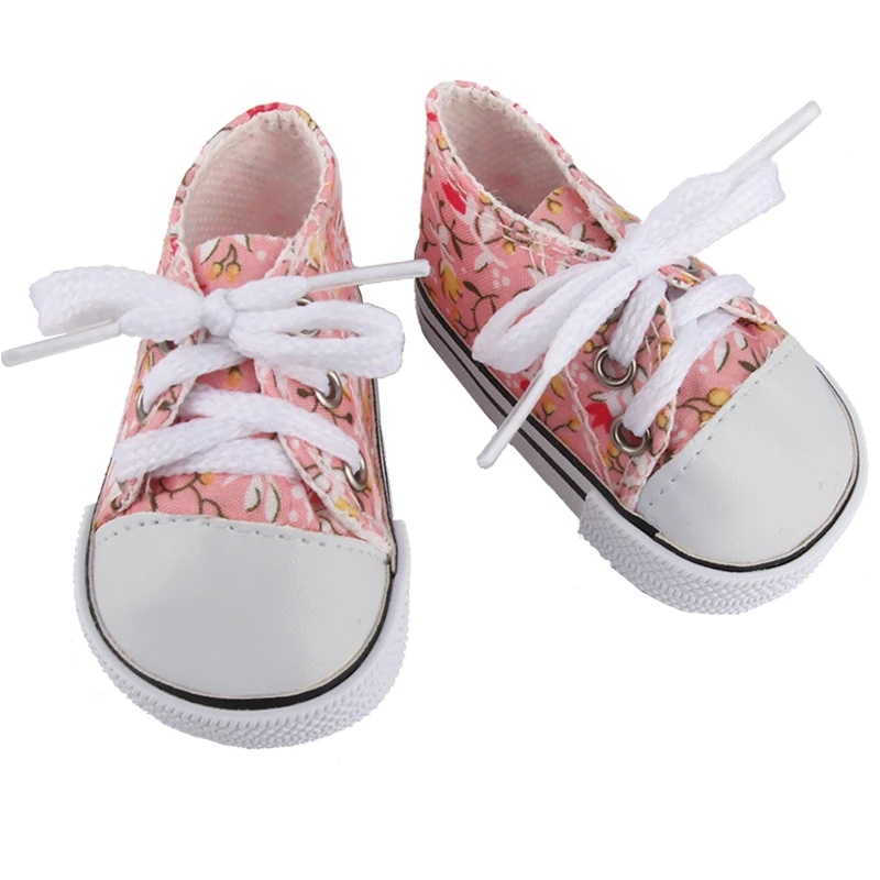American 18 Inch Girl Doll Canvas Shoes 7cm Fashion Lines, Flowers Sneakers Boots For 43cm Baby New Born& DIY Russia,OG Doll Toy