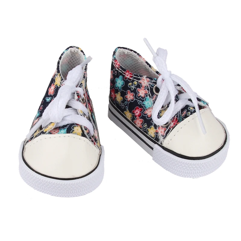 American 18 Inch Girl Doll Canvas Shoes 7cm Fashion Lines, Flowers Sneakers Boots For 43cm Baby New Born& DIY Russia,OG Doll Toy