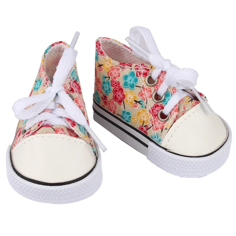 American 18 Inch Girl Doll Canvas Shoes 7cm Fashion Lines, Flowers Sneakers Boots For 43cm Baby New Born& DIY Russia,OG Doll Toy