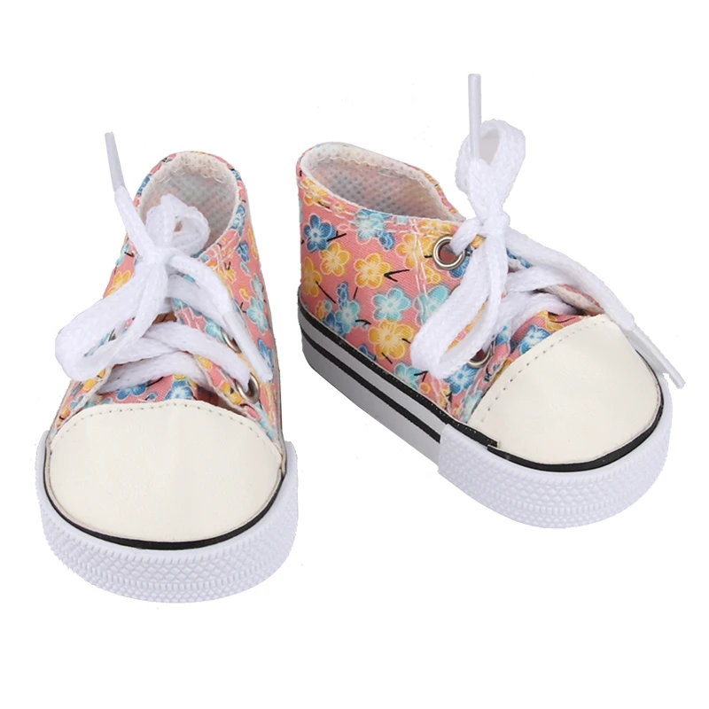 American 18 Inch Girl Doll Canvas Shoes 7cm Fashion Lines, Flowers Sneakers Boots For 43cm Baby New Born& DIY Russia,OG Doll Toy