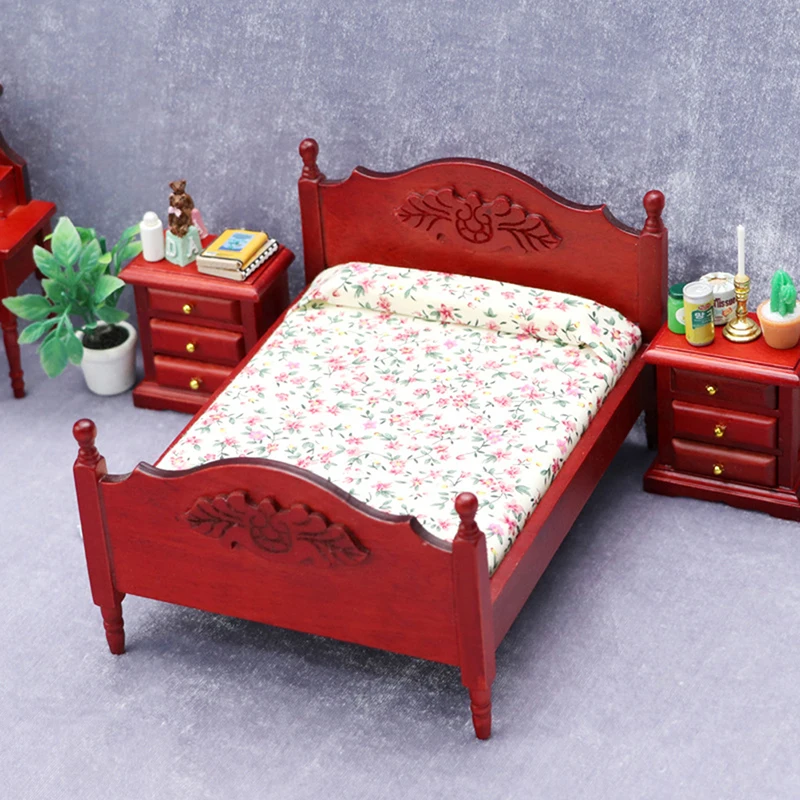 1/12 Dollhouse Wooden/Iron Mini Single/Double Bed Home Bedroom Furniture Toy Living Room Furniture Model Handmade Toy