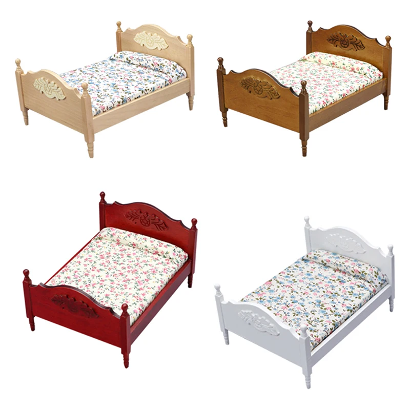 1/12 Dollhouse Wooden/Iron Mini Single/Double Bed Home Bedroom Furniture Toy Living Room Furniture Model Handmade Toy