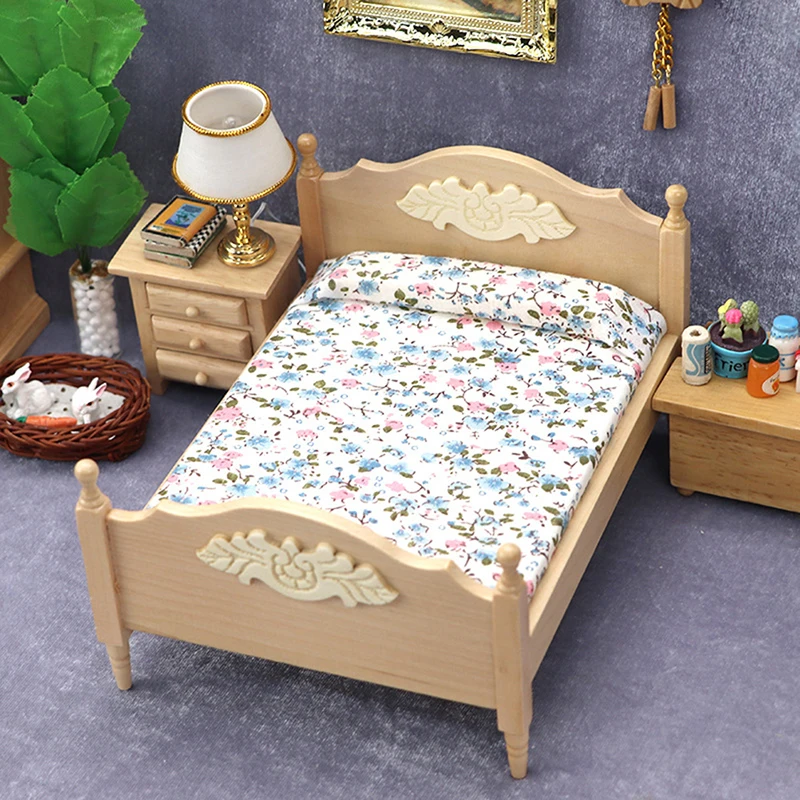 1/12 Dollhouse Wooden/Iron Mini Single/Double Bed Home Bedroom Furniture Toy Living Room Furniture Model Handmade Toy