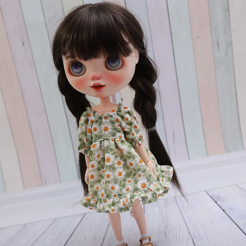 Blyth Clothes Azone OB22 OB24 Doll Accessories Fashion Denim Strap Short Skirt with Long Sleeved Dress Pleated Skirt Toy Gift