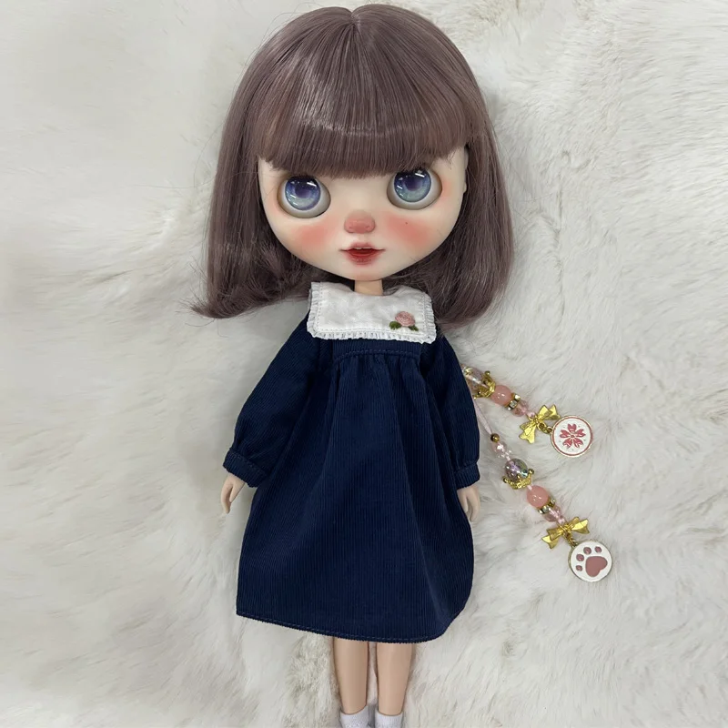 Blyth Clothes Azone OB22 OB24 Doll Accessories Fashion Denim Strap Short Skirt with Long Sleeved Dress Pleated Skirt Toy Gift