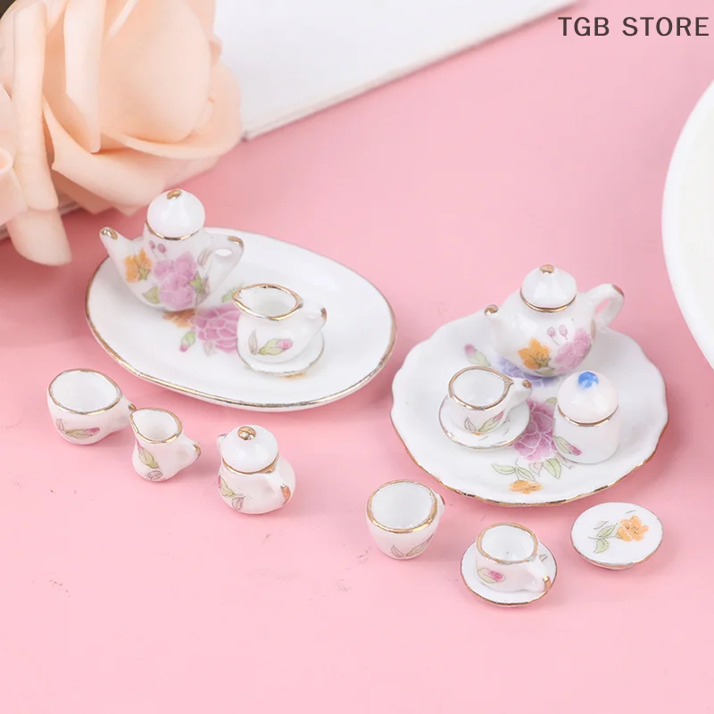 8PCS 1/12 Miniature Dollhouse pink Flower Patten Porcelain Coffee Tea Cups Ceram