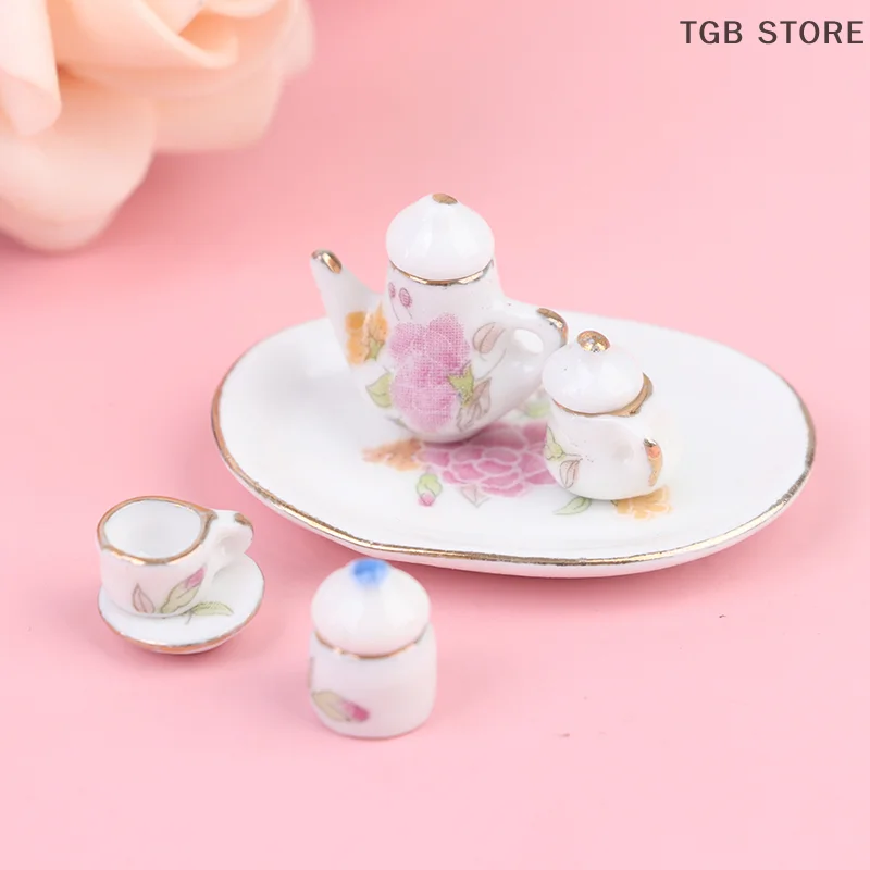 8PCS 1/12 Miniature Dollhouse pink Flower Patten Porcelain Coffee Tea Cups Ceram