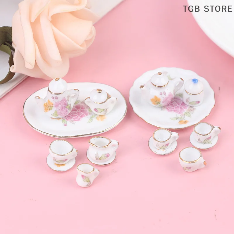 8PCS 1/12 Miniature Dollhouse pink Flower Patten Porcelain Coffee Tea Cups Ceram