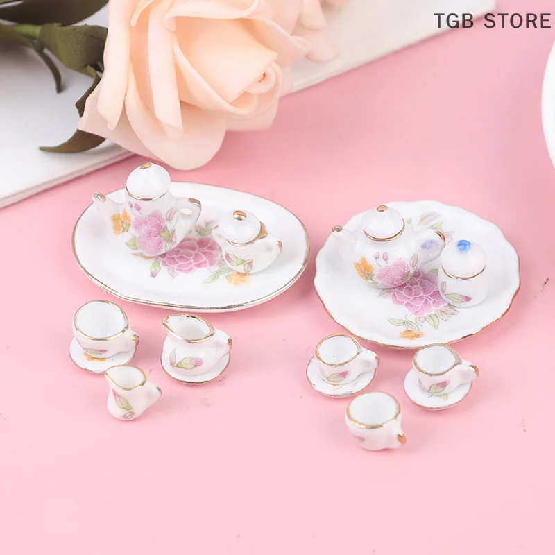 8PCS 1/12 Miniature Dollhouse pink Flower Patten Porcelain Coffee Tea Cups Ceram