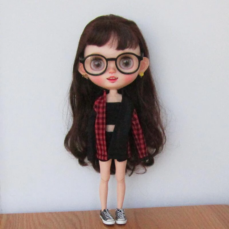 DLBell Blythe Doll Clothes Handmade Red and Black Shirt and Tube Top Shorts Set for Blyth Pullip Ob24 1/6 Azone ICY Licca Dolls