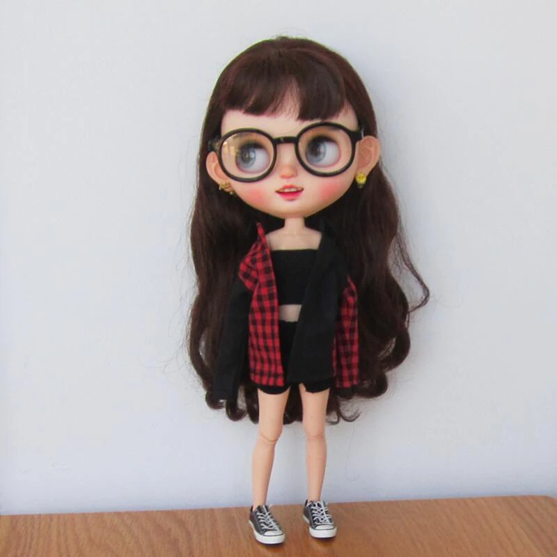 DLBell Blythe Doll Clothes Handmade Red and Black Shirt and Tube Top Shorts Set for Blyth Pullip Ob24 1/6 Azone ICY Licca Dolls