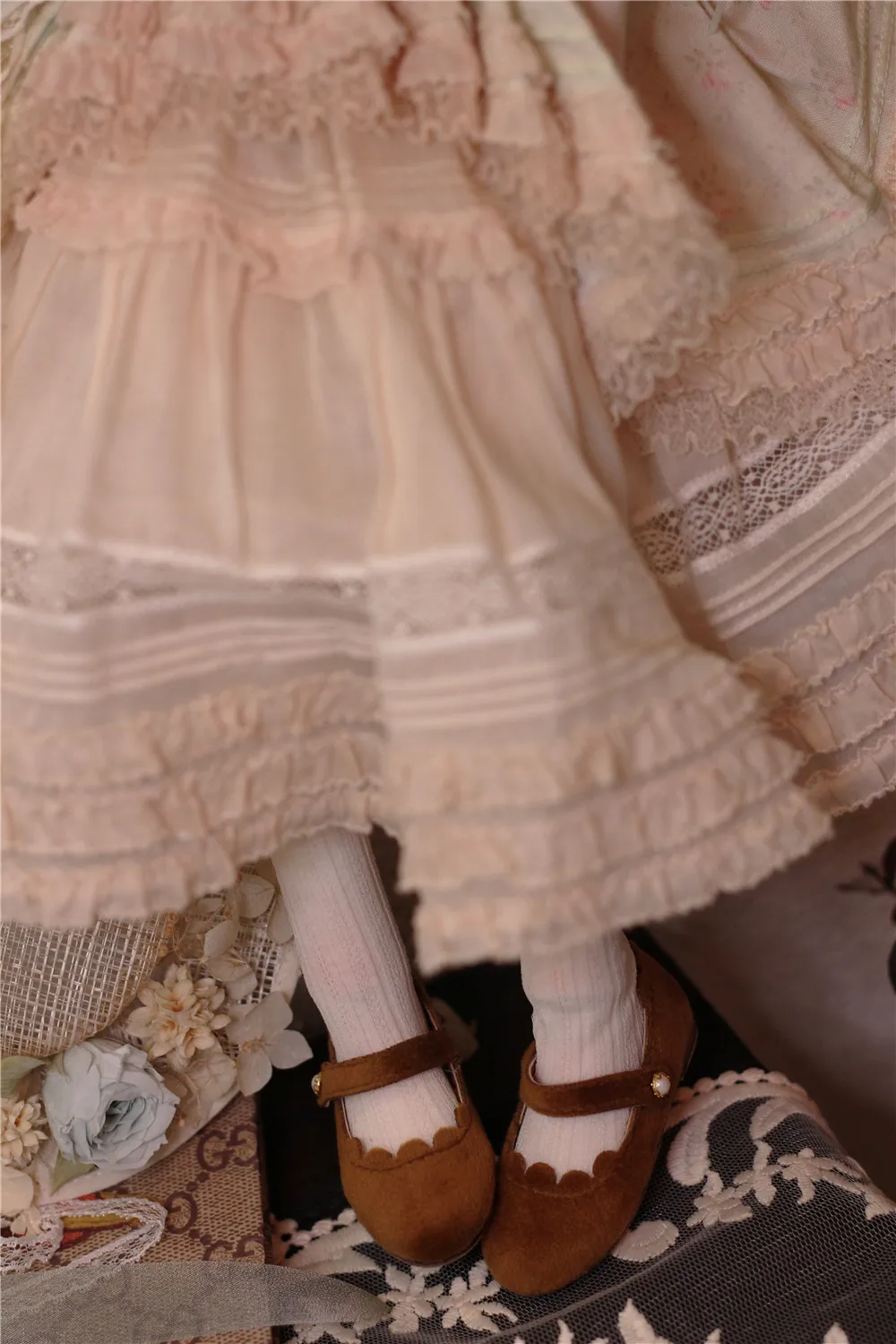 BJD Doll Shoes In Stock Girls Round Toe Soft Stain Elegant Daily Flat-Soled Pink Blue Lacy Single Buckle BJD Doll Accessories