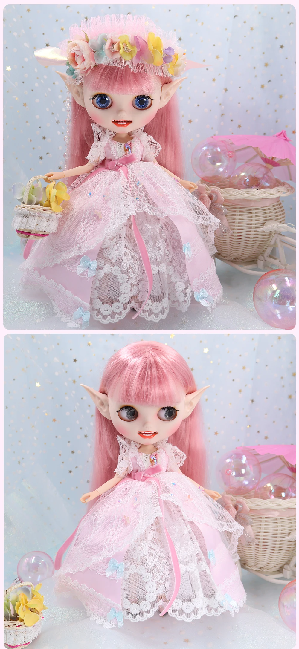 ICY DBS Blyth 1/6 Doll Suit Pink Fairy Skirt Headband Elf Earmuff Flower Basket Anime Girl BJD