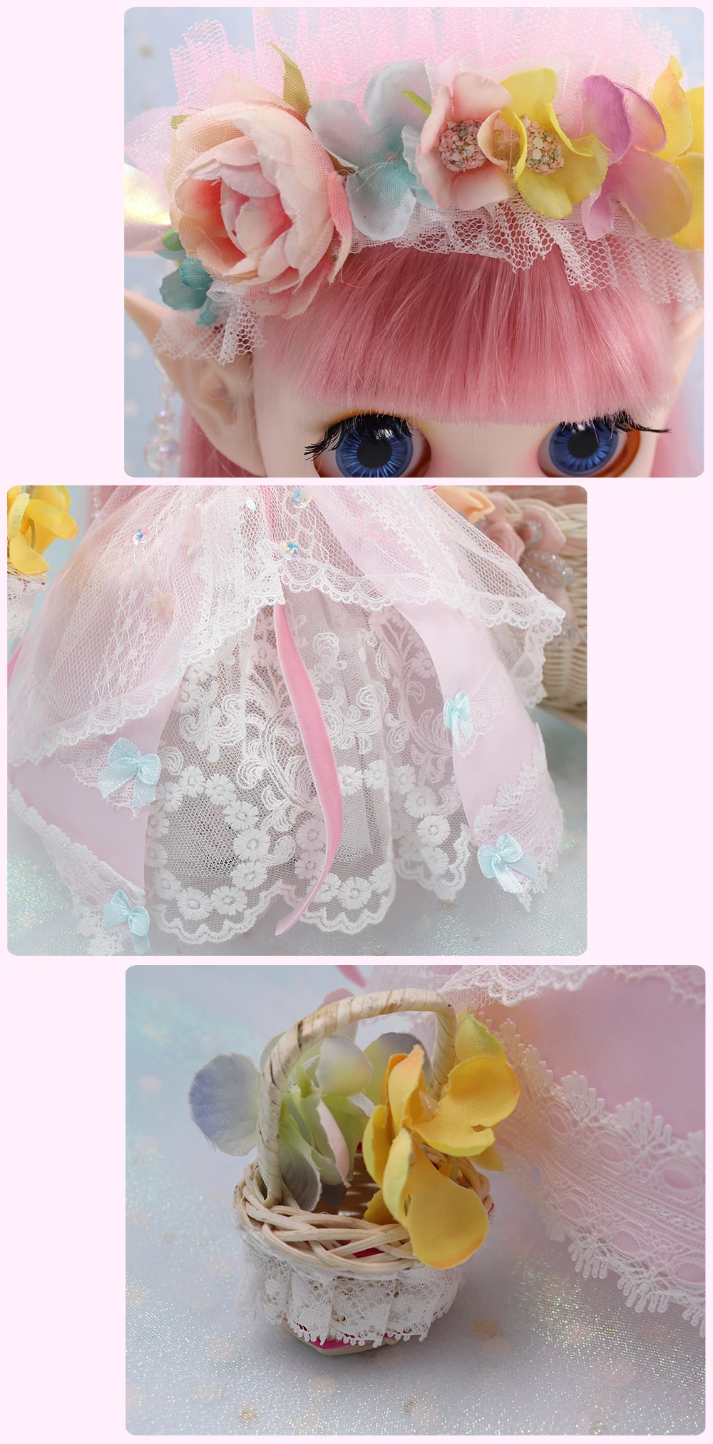 ICY DBS Blyth 1/6 Doll Suit Pink Fairy Skirt Headband Elf Earmuff Flower Basket Anime Girl BJD
