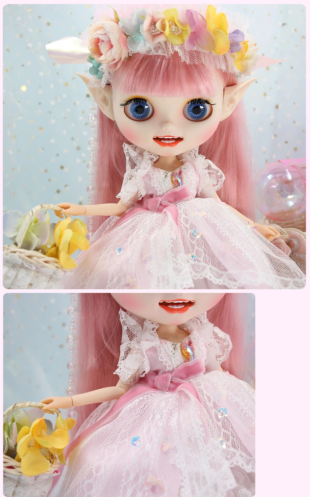 ICY DBS Blyth 1/6 Doll Suit Pink Fairy Skirt Headband Elf Earmuff Flower Basket Anime Girl BJD