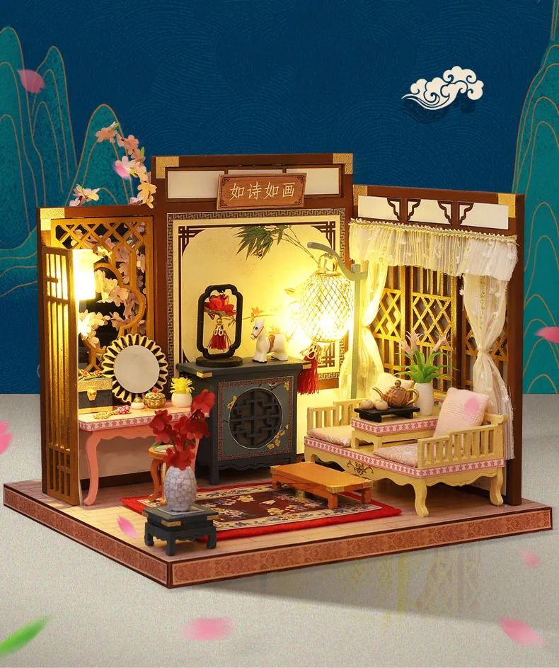 New DIY Wooden Dollhouse Miniature Landscape With Furniture Chinese Loft Doll Houses Assemble Toy Children Birthday Gift Casa