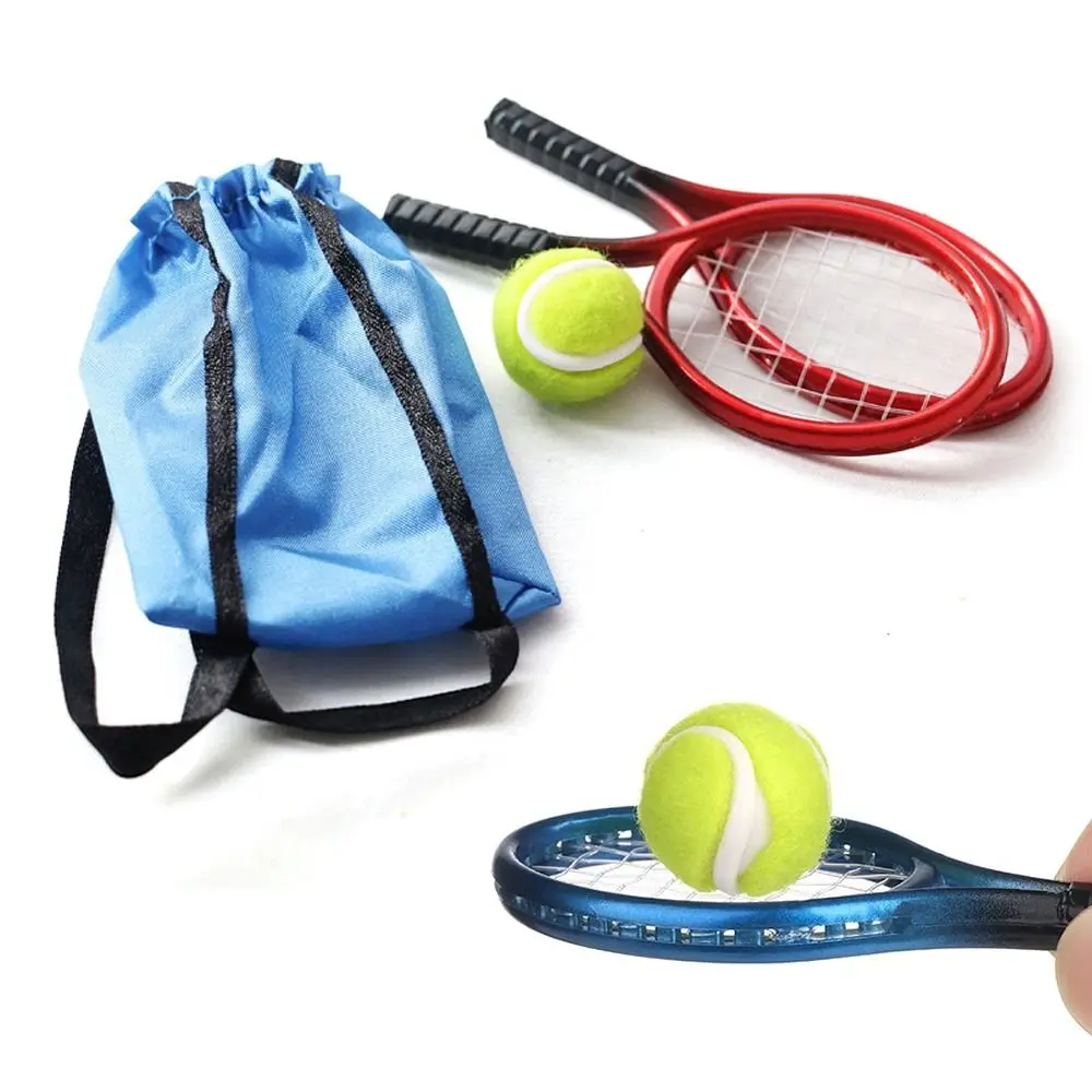 4PCS/Set Doll Tennis Racket kits Miniature Racquet Ball Bag Creative Photo Props For 1/6 1/12 DIY Dollhouse Accessories