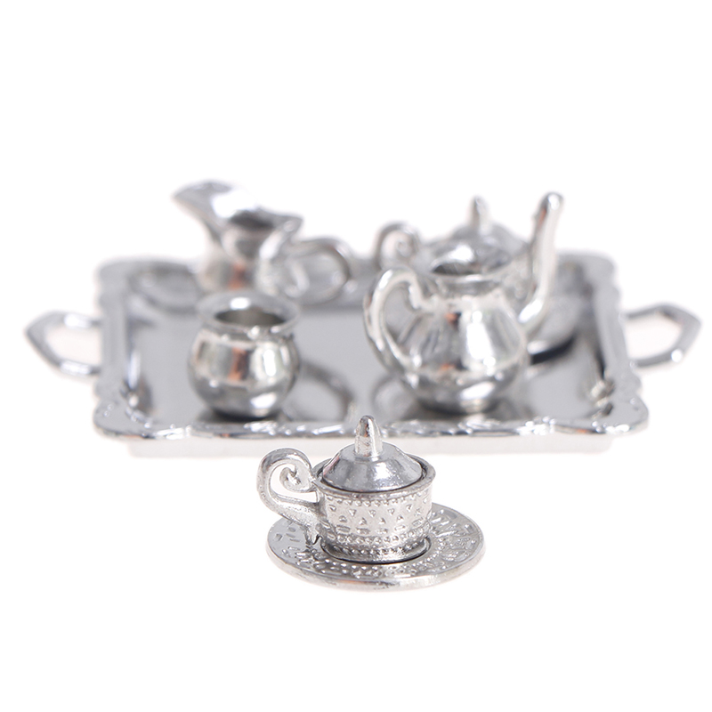10pcs/Set 1/12 Dollhouse Miniature Silver Metal Tea Coffee Tray Model Kitchen Tableware Set For Doll House Decor Kids Toys Gift