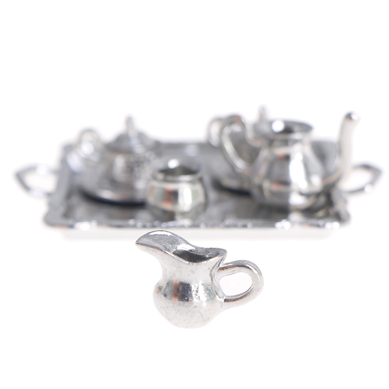 10pcs/Set 1/12 Dollhouse Miniature Silver Metal Tea Coffee Tray Model Kitchen Tableware Set For Doll House Decor Kids Toys Gift