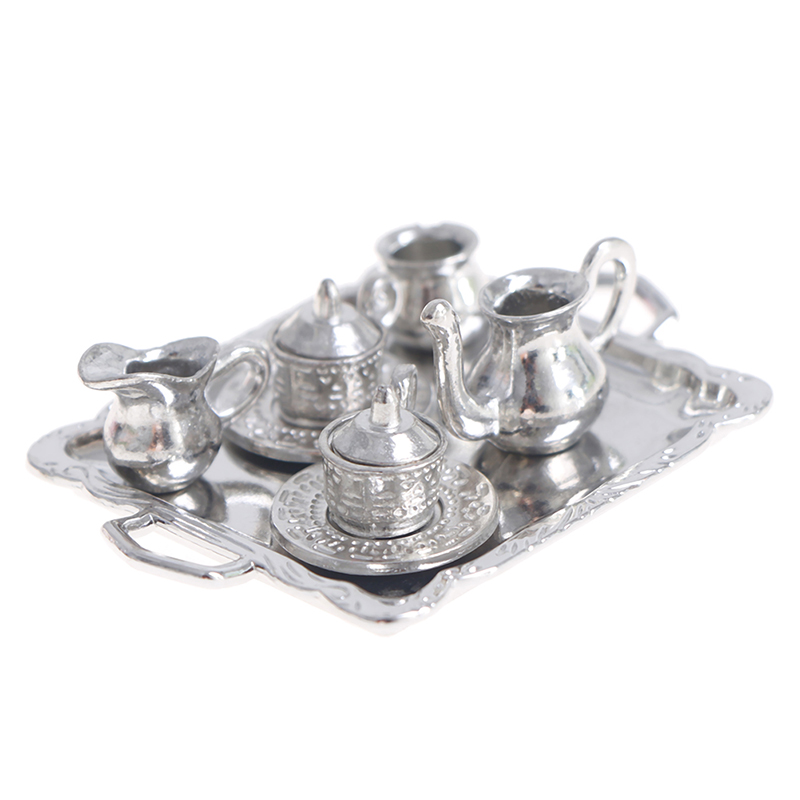 10pcs/Set 1/12 Dollhouse Miniature Silver Metal Tea Coffee Tray Model Kitchen Tableware Set For Doll House Decor Kids Toys Gift