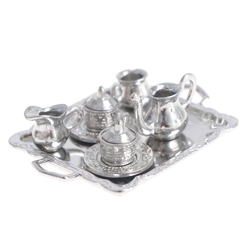 10pcs/Set 1/12 Dollhouse Miniature Silver Metal Tea Coffee Tray Model Kitchen Tableware Set For Doll House Decor Kids Toys Gift