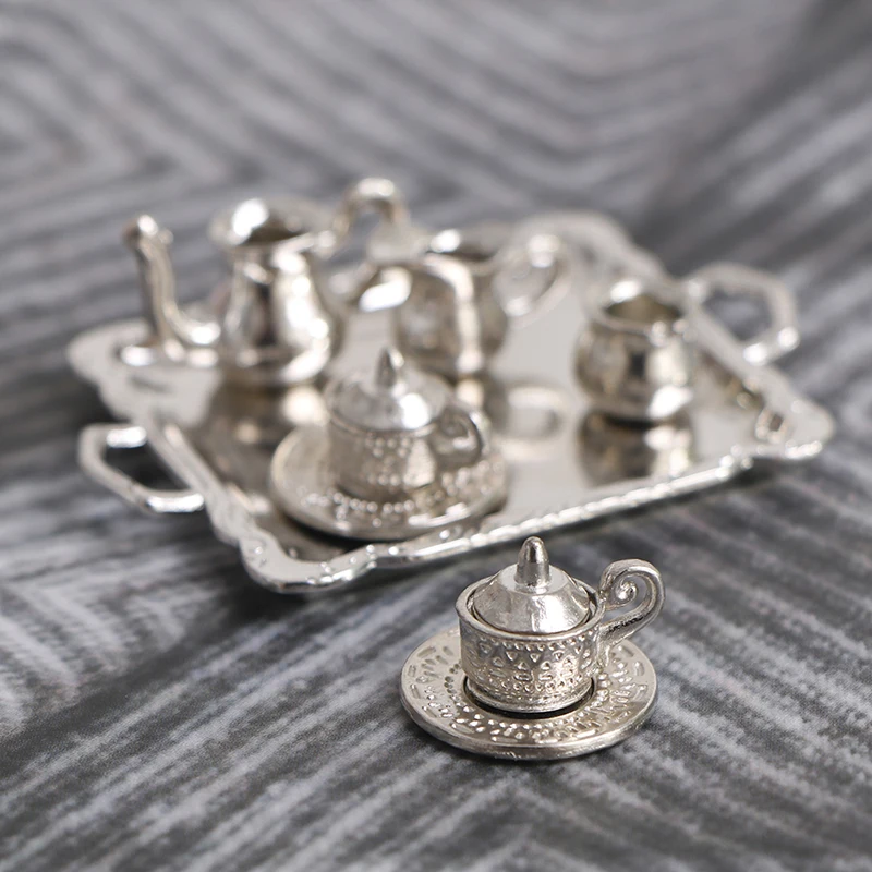 10pcs/Set 1/12 Dollhouse Miniature Silver Metal Tea Coffee Tray Model Kitchen Tableware Set For Doll House Decor Kids Toys Gift