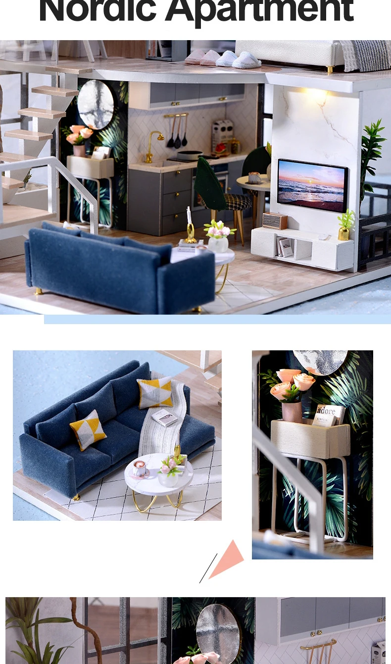 DIY Wooden DollHouse Kits Miniature with Furniture Light Moder Loft Roombox Assembled 3D Model for Children Adult Birthday Gifts