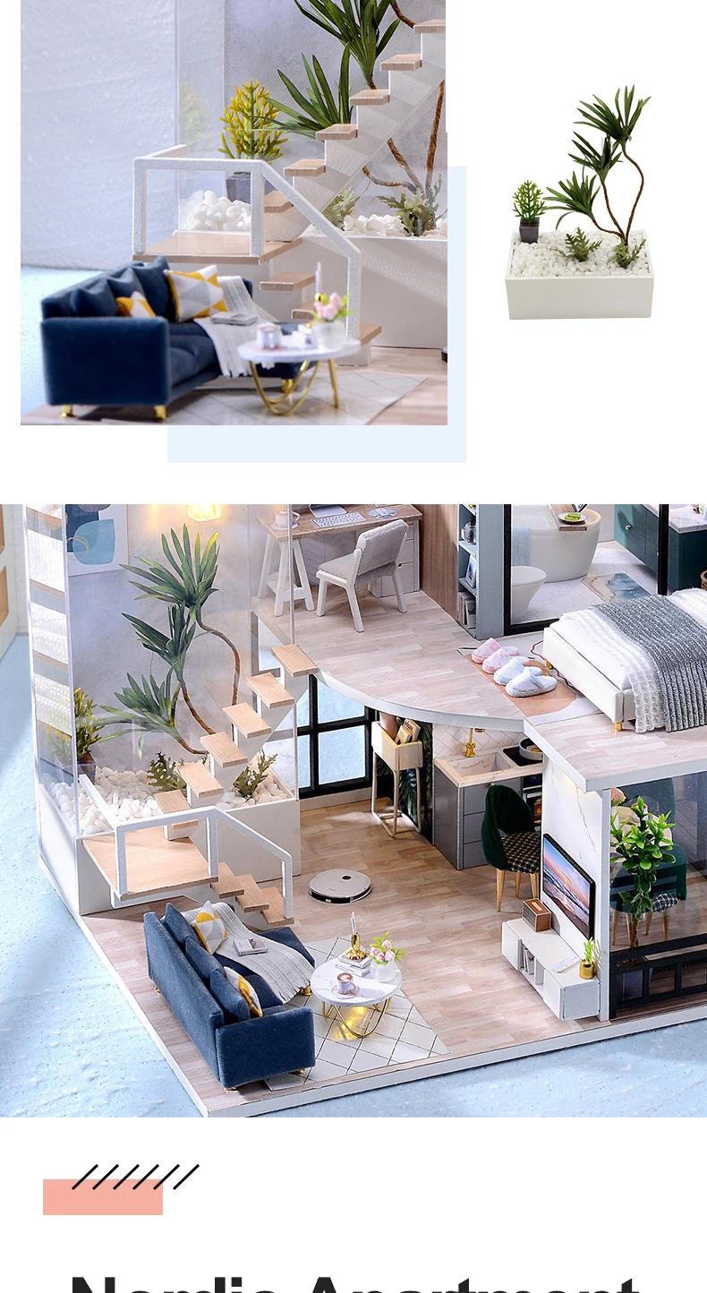 DIY Wooden DollHouse Kits Miniature with Furniture Light Moder Loft Roombox Assembled 3D Model for Children Adult Birthday Gifts