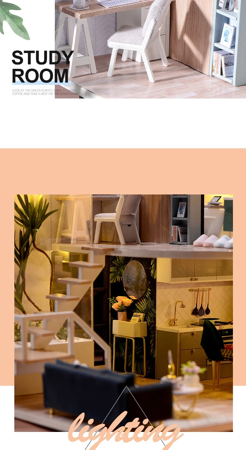 DIY Wooden DollHouse Kits Miniature with Furniture Light Moder Loft Roombox Assembled 3D Model for Children Adult Birthday Gifts