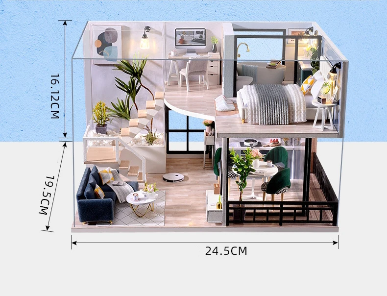 DIY Wooden DollHouse Kits Miniature with Furniture Light Moder Loft Roombox Assembled 3D Model for Children Adult Birthday Gifts