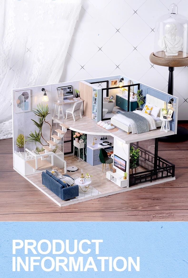 DIY Wooden DollHouse Kits Miniature with Furniture Light Moder Loft Roombox Assembled 3D Model for Children Adult Birthday Gifts