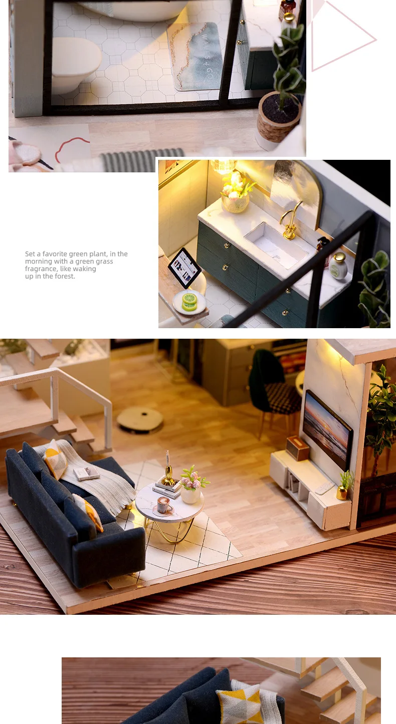 DIY Wooden DollHouse Kits Miniature with Furniture Light Moder Loft Roombox Assembled 3D Model for Children Adult Birthday Gifts