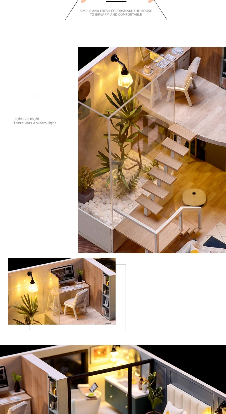 DIY Wooden DollHouse Kits Miniature with Furniture Light Moder Loft Roombox Assembled 3D Model for Children Adult Birthday Gifts