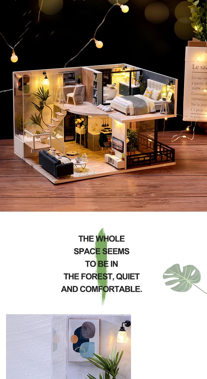 DIY Wooden DollHouse Kits Miniature with Furniture Light Moder Loft Roombox Assembled 3D Model for Children Adult Birthday Gifts