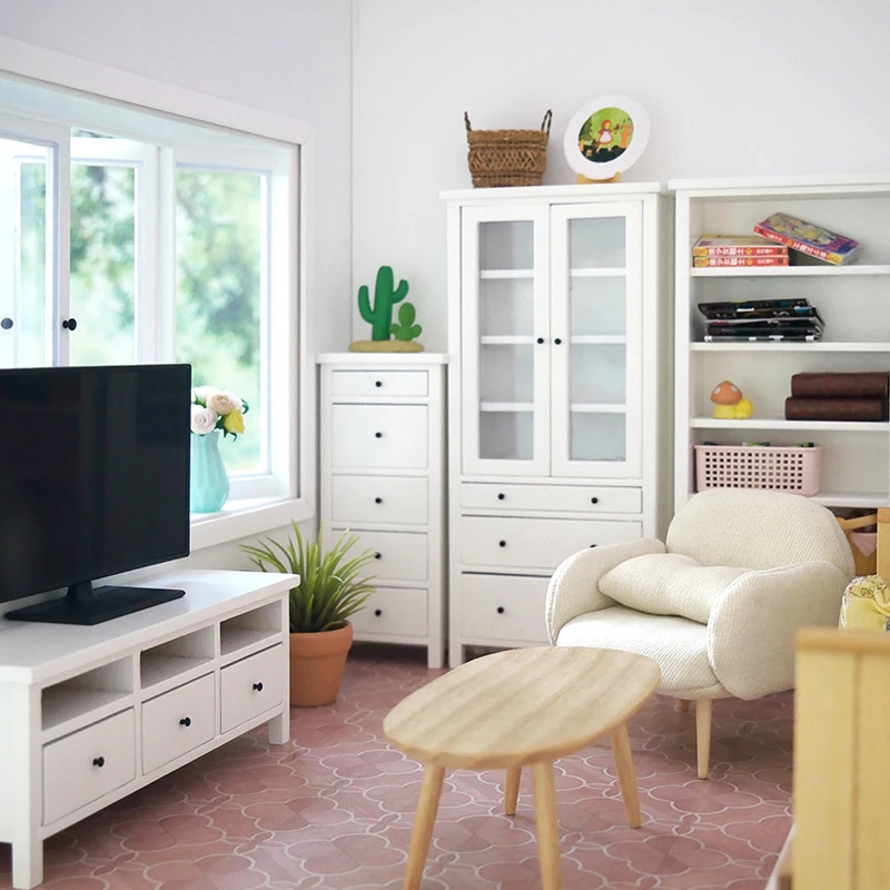 1:6 1:12 Dollhouse Miniature TV Cabinet Bookcase Glass Cabinet Chest of Drawers Dust Cabinet Furniture Model Decor Toy
