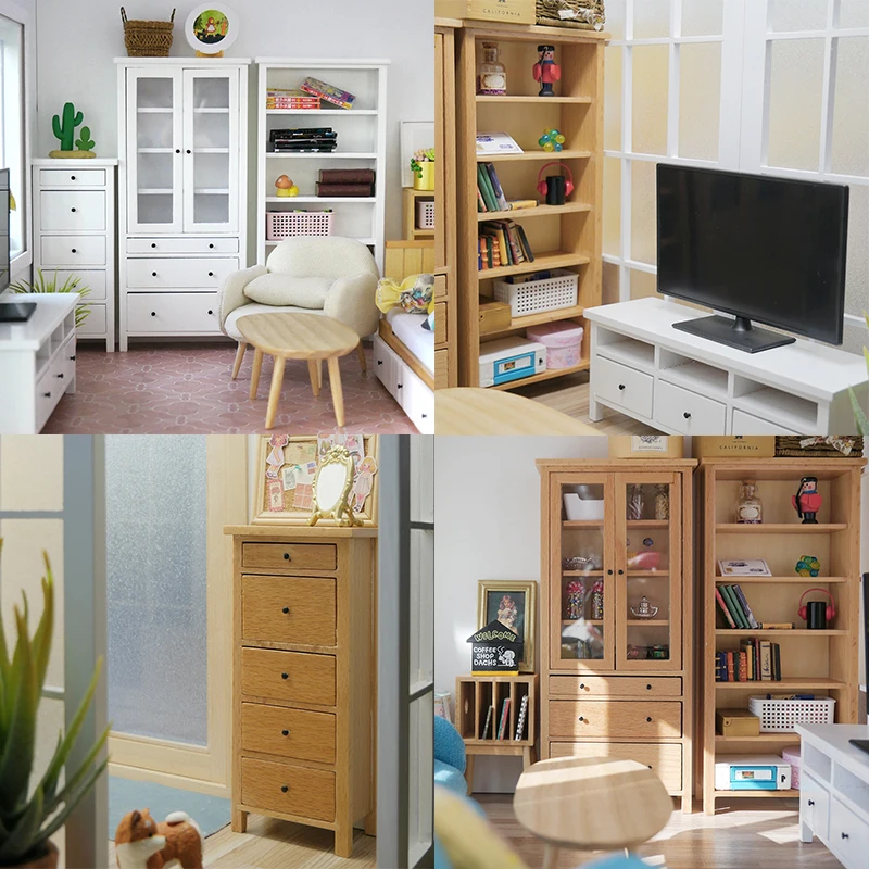 1:6 1:12 Dollhouse Miniature TV Cabinet Bookcase Glass Cabinet Chest of Drawers Dust Cabinet Furniture Model Decor Toy