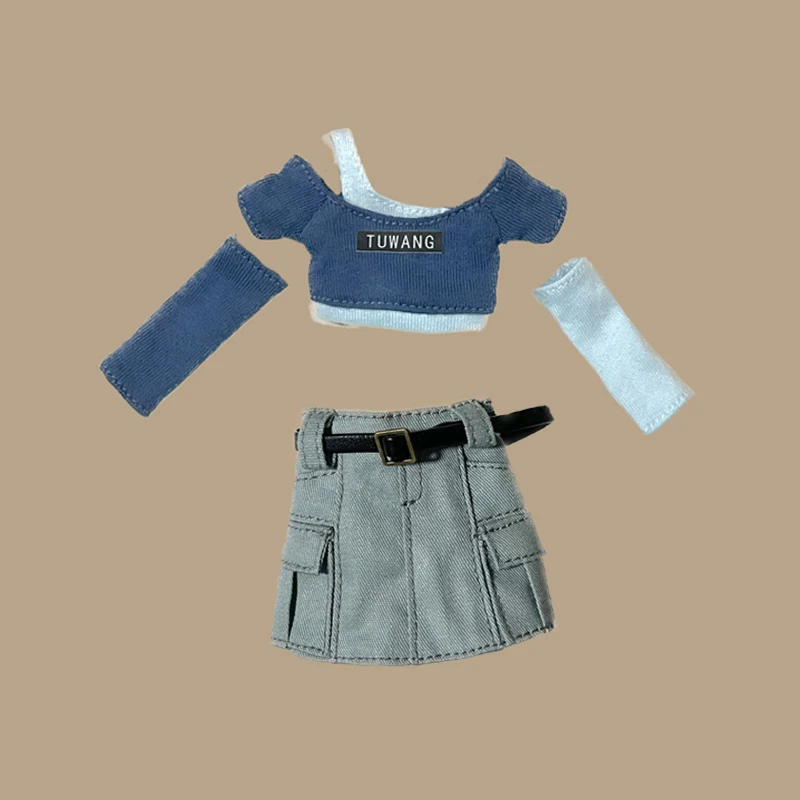 New Arrival Blythe Doll Clothes Printed Off Shoulder Tops T-shirt and Denim Skirt with Belt for Blyth Licca OB24 Dolls Clothing