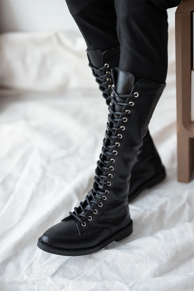 BJD Doll Shoes Toy Boys Girls 1/3 ID75 Black Brown Soft-soled Lacy Mid-calf Pointy Toe Leather High Boots Gift Doll Accessories
