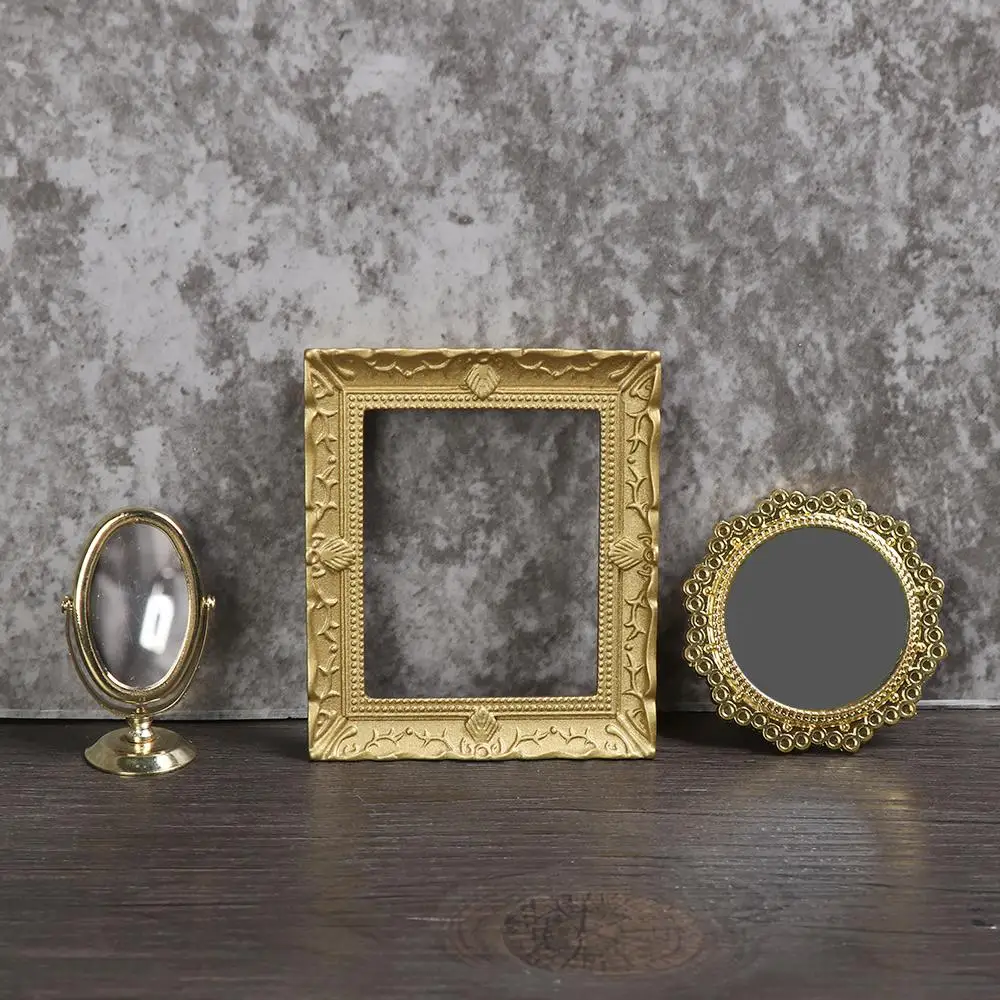 DIY Dollhouse Ornament Vintage Furniture European Style 1:12 Scale Doll House Accessories Mini Gloden Frames Miniature Mirror