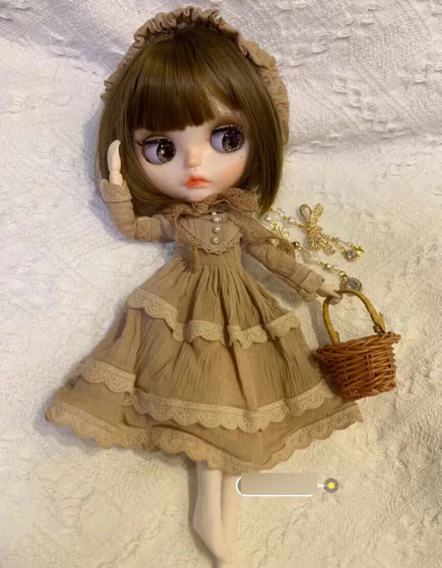 2025 2pcs vintage Rotre tea dyed Blythe Headwear/Main skirt 1/6 30cm(Fit for azone,Pullip,Ob22/24/26, Licca)
