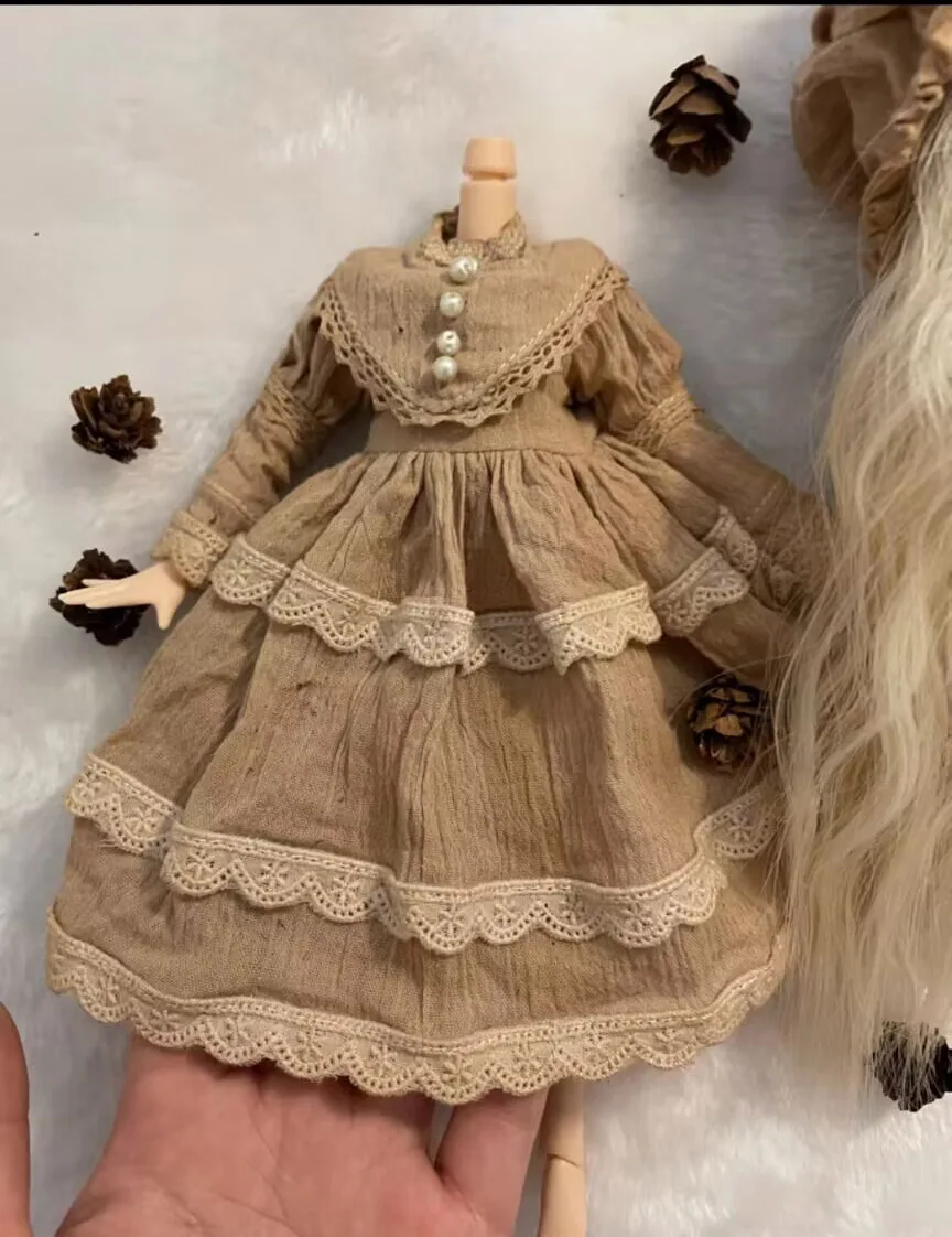 2025 2pcs vintage Rotre tea dyed Blythe Headwear/Main skirt 1/6 30cm(Fit for azone,Pullip,Ob22/24/26, Licca)