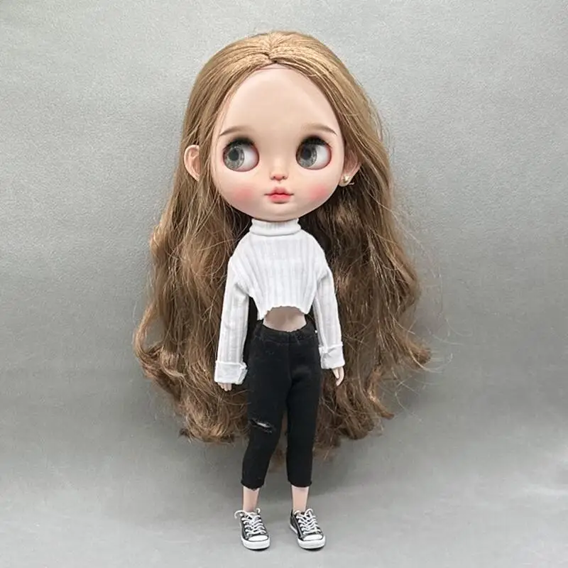 DLBell Handmade Blythe Doll Clothes Fashion Sweater Knitted Short Top and Jeans Pants for Blyth OB24 Dolls Accessories