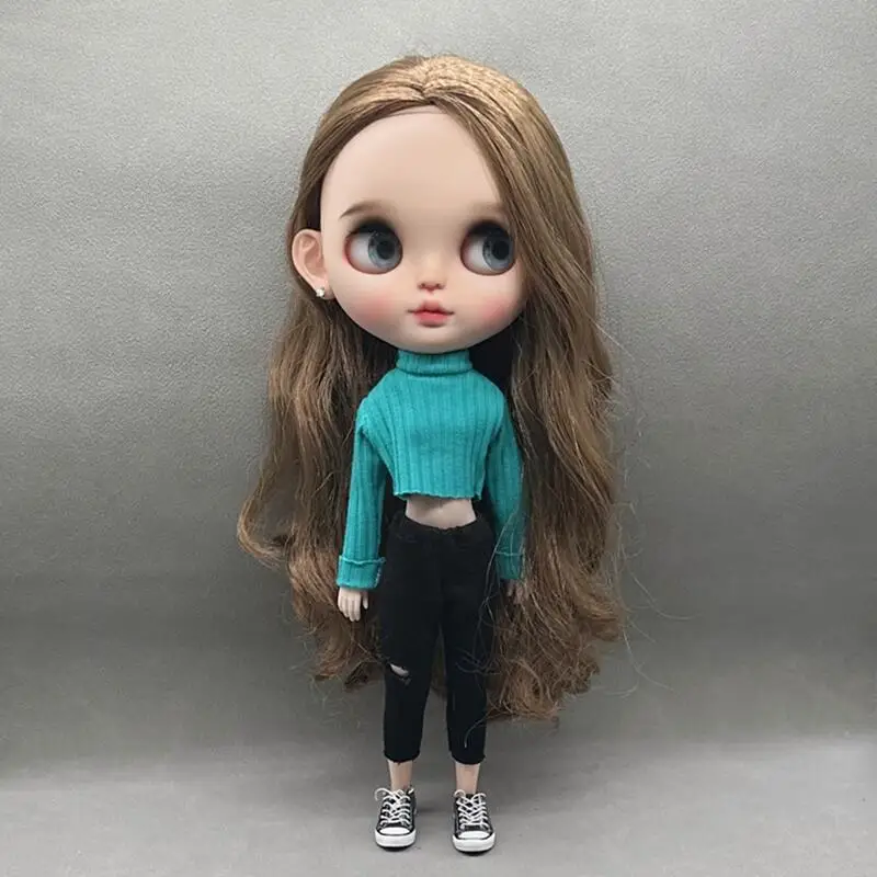 DLBell Handmade Blythe Doll Clothes Fashion Sweater Knitted Short Top and Jeans Pants for Blyth OB24 Dolls Accessories