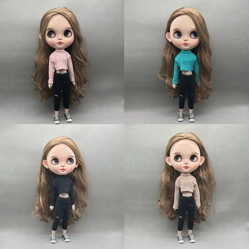 DLBell Handmade Blythe Doll Clothes Fashion Sweater Knitted Short Top and Jeans Pants for Blyth OB24 Dolls Accessories