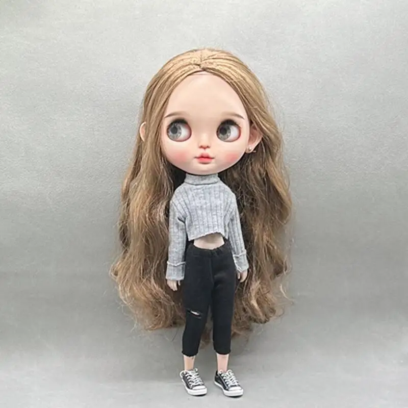 DLBell Handmade Blythe Doll Clothes Fashion Sweater Knitted Short Top and Jeans Pants for Blyth OB24 Dolls Accessories
