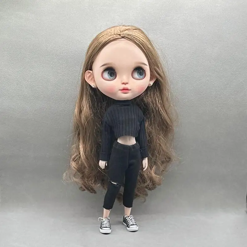 DLBell Handmade Blythe Doll Clothes Fashion Sweater Knitted Short Top and Jeans Pants for Blyth OB24 Dolls Accessories